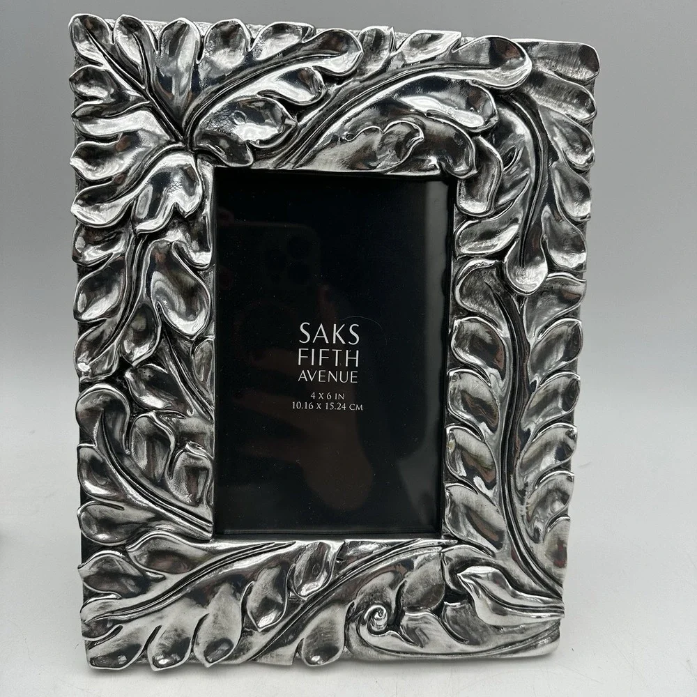 Saks Fifth Avenue Silver Tone Embossed Botanical Leaf Design Picture Frame 4x6